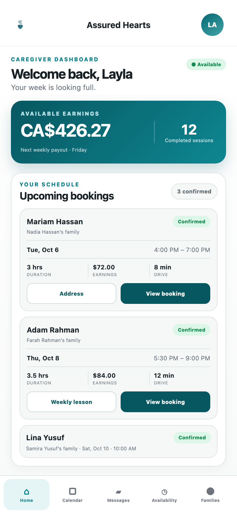 Illustrative Assured Hearts caregiver dashboard showing earnings and upcoming bookings
