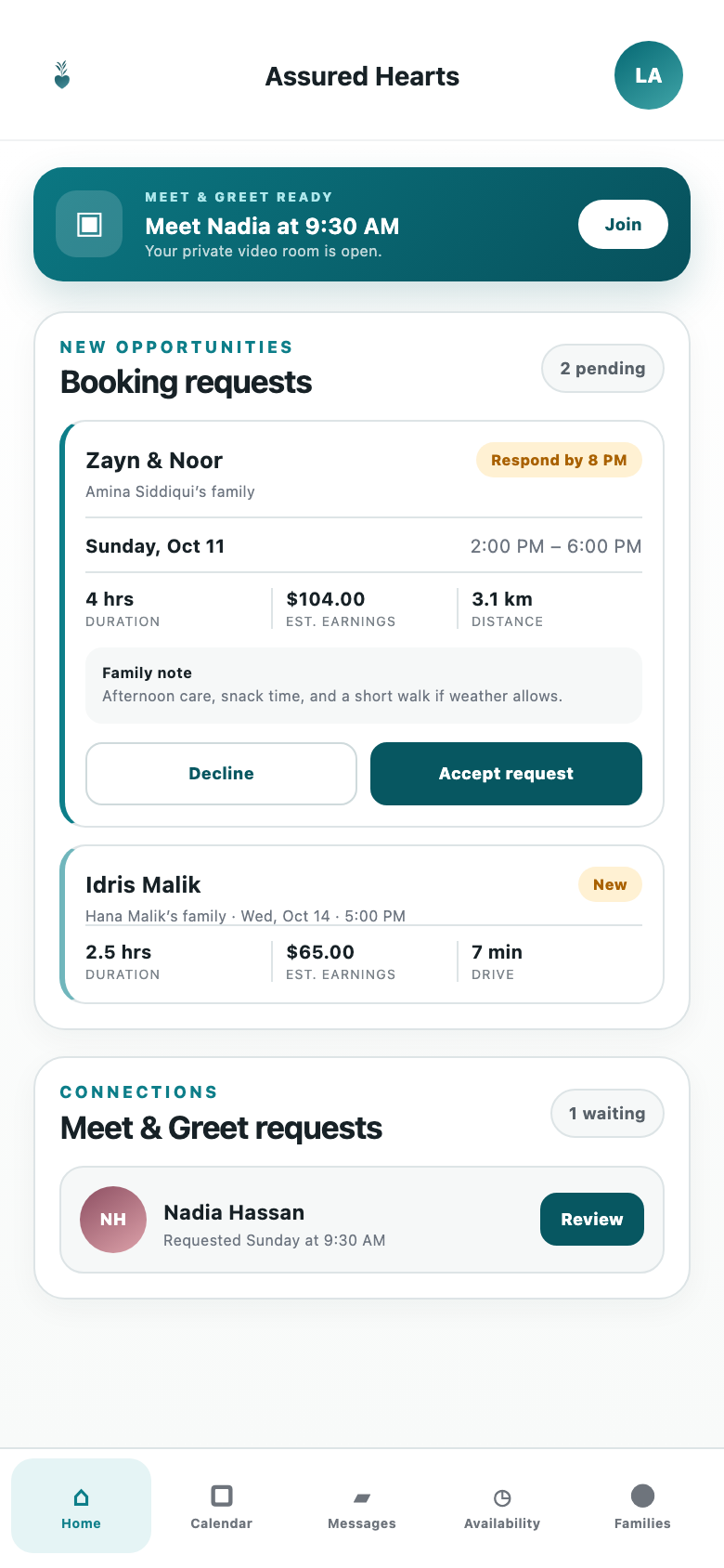 Illustrative Assured Hearts caregiver booking requests and Meet and Greet dashboard