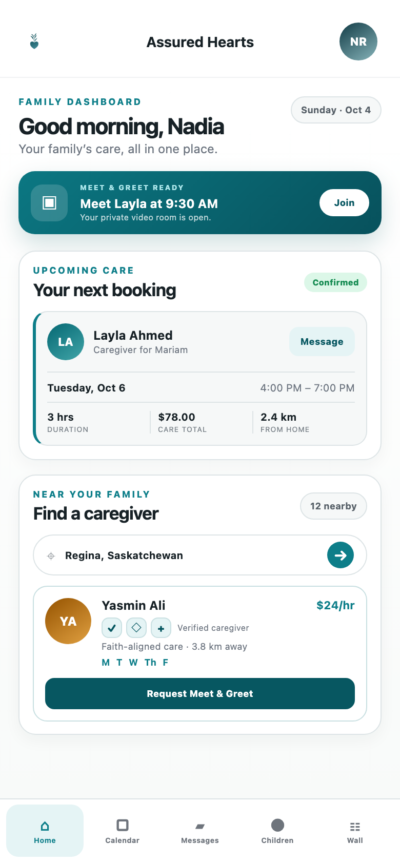 Illustrative Assured Hearts family dashboard showing an upcoming booking, Meet and Greet, and nearby caregiver